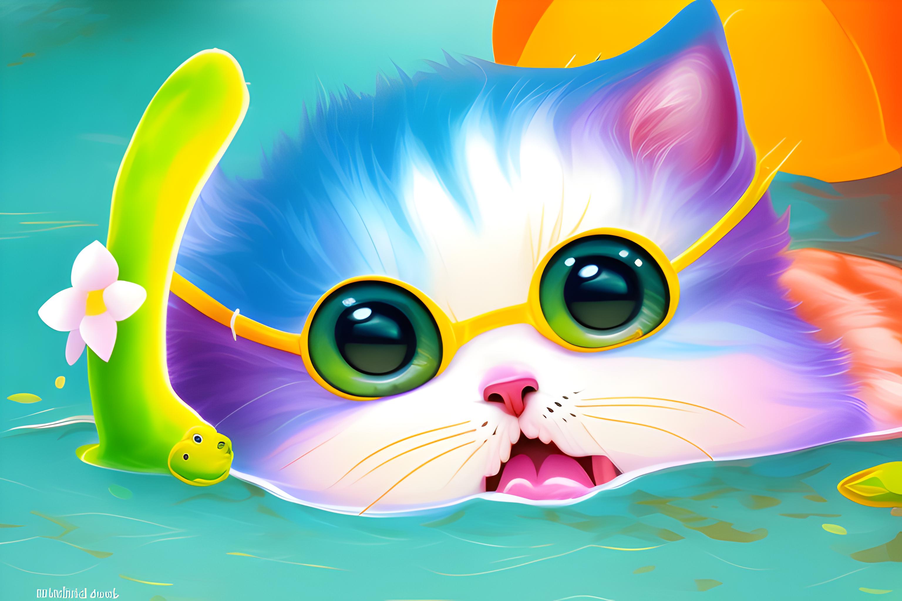 happy kitten swimming confidently in a pond surrounded by cheering animal friends - duck, frog and turtle - splashing water, children's book illustration, bright warm colors
